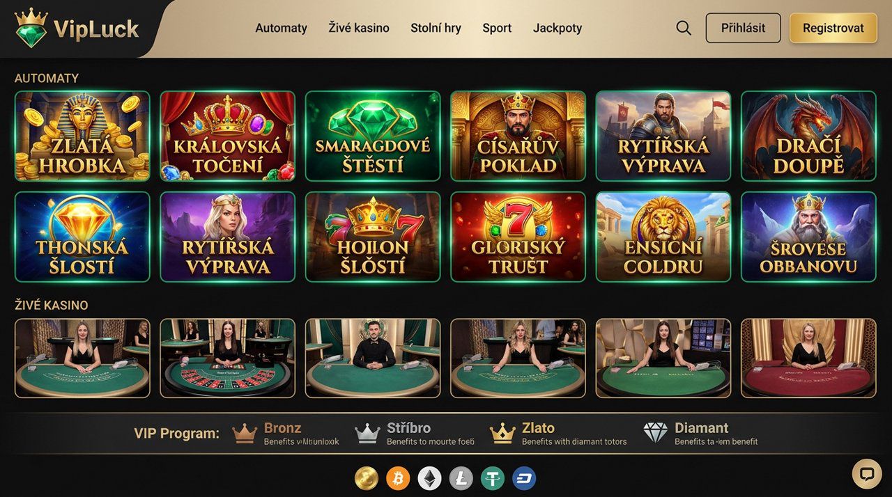 Snímek obrazovky hlavní stránky online kasina VIPLuck